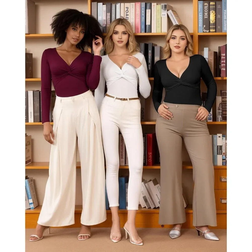 Women's V Neck Bodysuit Long Sleeve Fitted Twist Knot Casual Top
